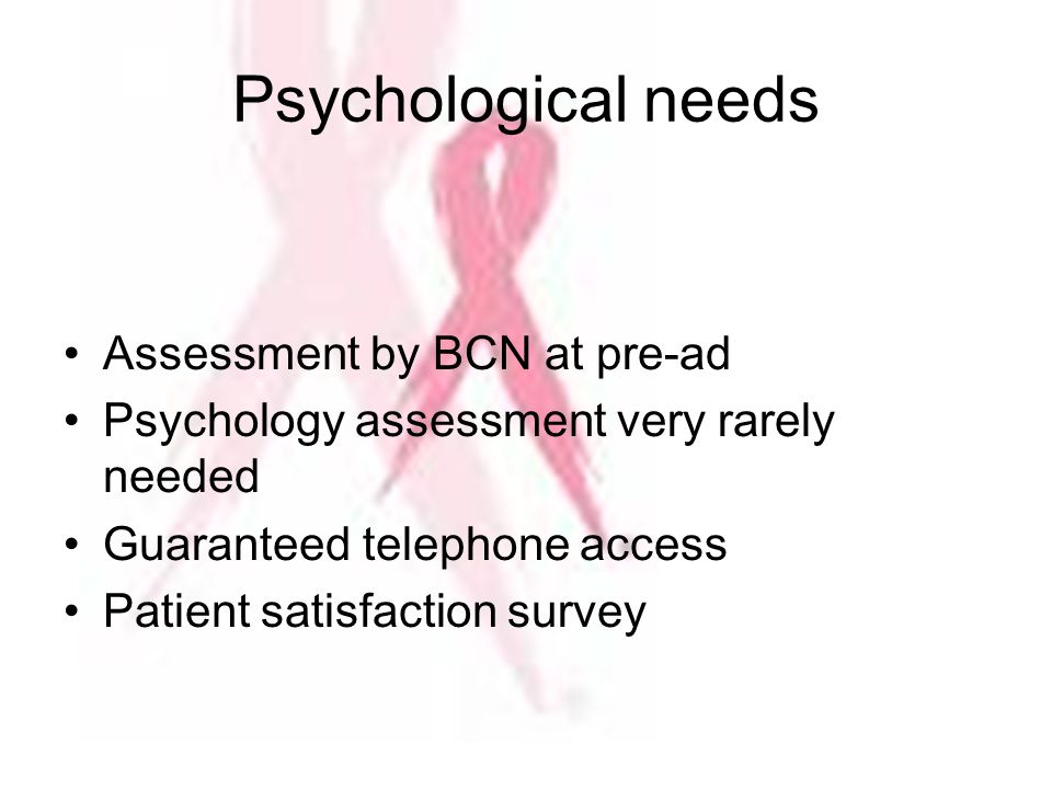 Psychological needs Assessment by BCN at pre-ad Psychology assessment very rarely needed Guaranteed telephone access Patient satisfaction survey