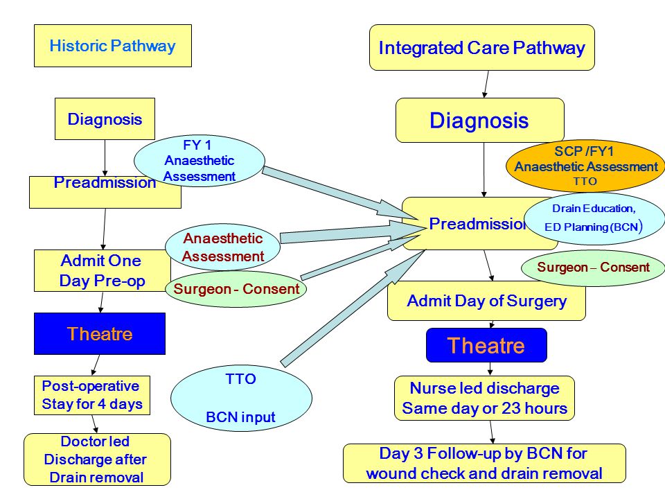 Historic Pathway Diagnosis Preadmission Admit One Day Pre-op Theatre Post-operative Stay for 4 days Doctor led Discharge after Drain removal FY 1 Anaesthetic Assessment Anaesthetic Assessment Surgeon - Consent TTO BCN input Integrated Care Pathway Diagnosis Preadmission Admit Day of Surgery Theatre Nurse led discharge Same day or 23 hours Day 3 Follow-up by BCN for wound check and drain removal Surgeon – Consent Drain Education, ED Planning (BCN ) SCP /FY1 Anaesthetic Assessment TTO