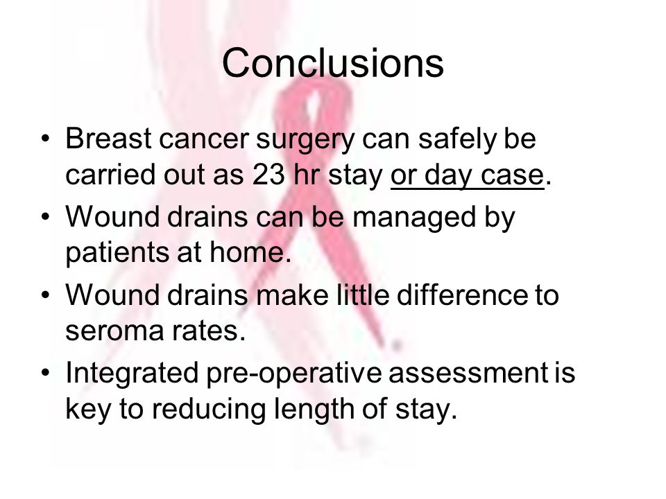 Conclusions Breast cancer surgery can safely be carried out as 23 hr stay or day case.