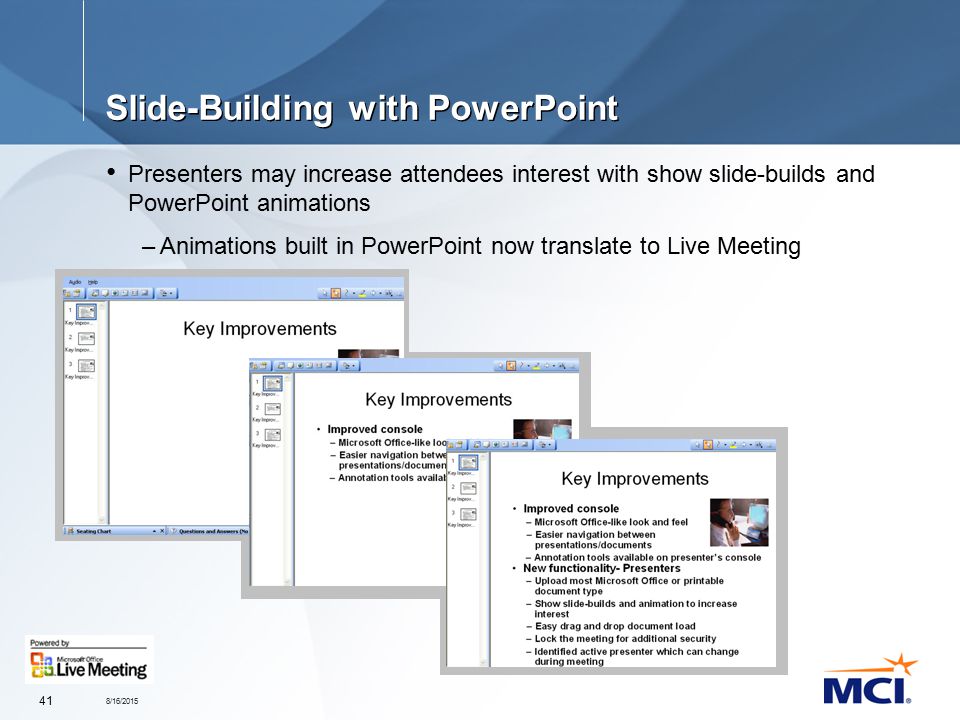 8/16/ Slide-Building with PowerPoint Presenters may increase attendees interest with show slide-builds and PowerPoint animations –Animations built in PowerPoint now translate to Live Meeting