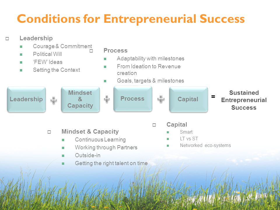 Conditions for Entrepreneurial Success Sustained Entrepreneurial Success =  Leadership Courage & Commitment Political Will ‘FEW’ Ideas Setting the Context  Mindset & Capacity Continuous Learning Working through Partners Outside-in Getting the right talent on time  Process Adaptability with milestones From Ideation to Revenue creation Goals, targets & milestones  Capital Smart LT vs ST Networked eco-systems