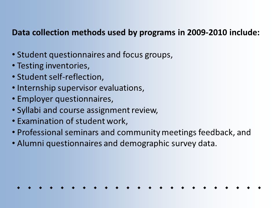 Data collection methods used by programs in include: Student questionnaires and focus groups, Testing inventories, Student self-reflection, Internship supervisor evaluations, Employer questionnaires, Syllabi and course assignment review, Examination of student work, Professional seminars and community meetings feedback, and Alumni questionnaires and demographic survey data.