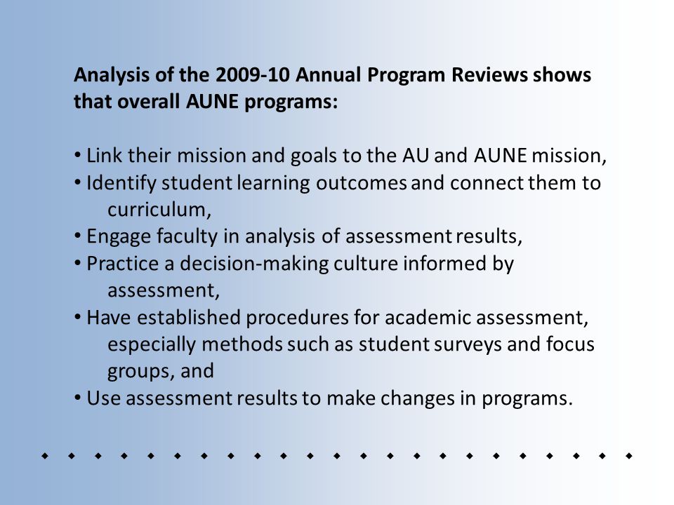 Analysis of the Annual Program Reviews shows that overall AUNE programs: Link their mission and goals to the AU and AUNE mission, Identify student learning outcomes and connect them to curriculum, Engage faculty in analysis of assessment results, Practice a decision-making culture informed by assessment, Have established procedures for academic assessment, especially methods such as student surveys and focus groups, and Use assessment results to make changes in programs.