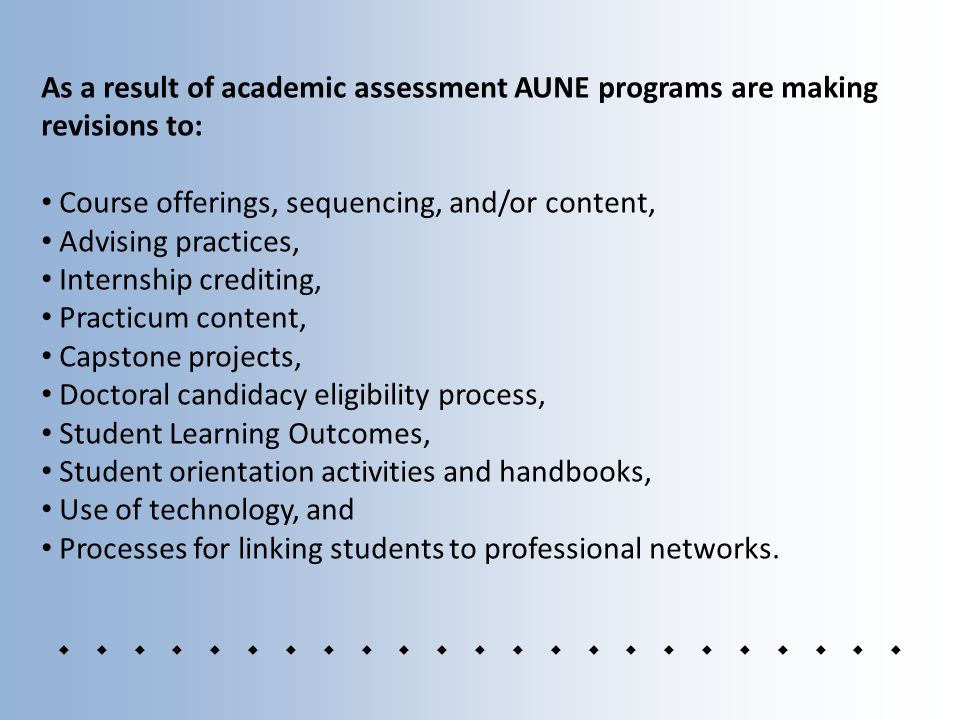As a result of academic assessment AUNE programs are making revisions to: Course offerings, sequencing, and/or content, Advising practices, Internship crediting, Practicum content, Capstone projects, Doctoral candidacy eligibility process, Student Learning Outcomes, Student orientation activities and handbooks, Use of technology, and Processes for linking students to professional networks.