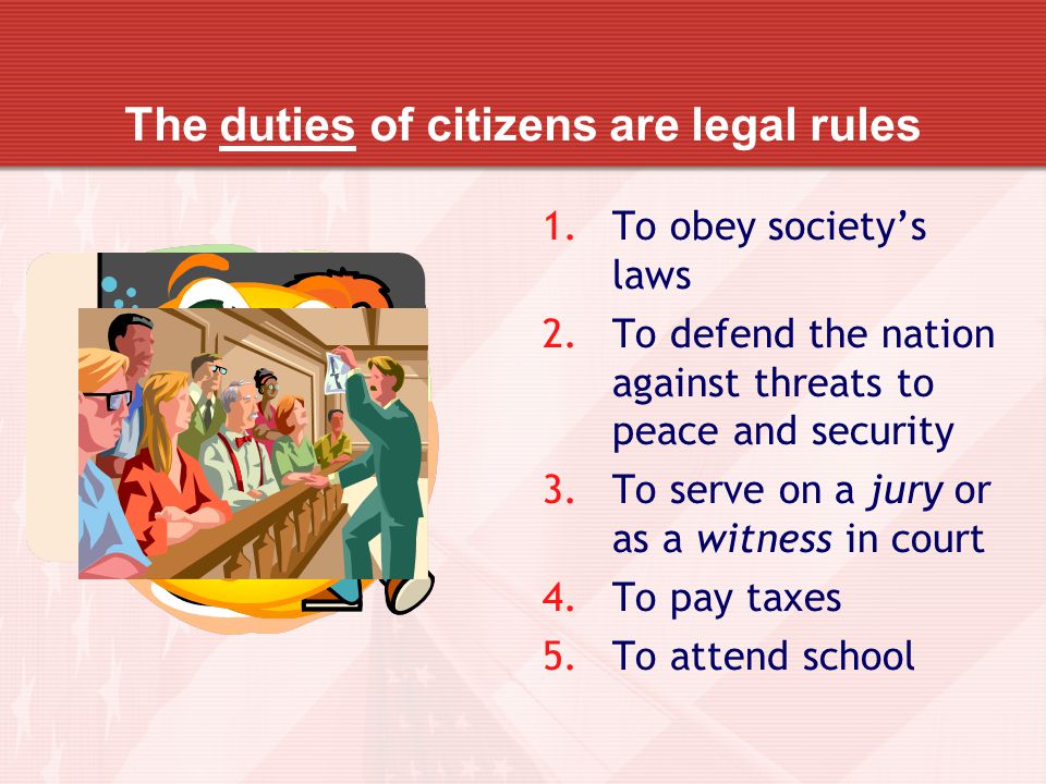 The duties of citizens are legal rules 1.To obey society’s laws 2.To defend the nation against threats to peace and security 3.To serve on a jury or as a witness in court 4.To pay taxes 5.To attend school