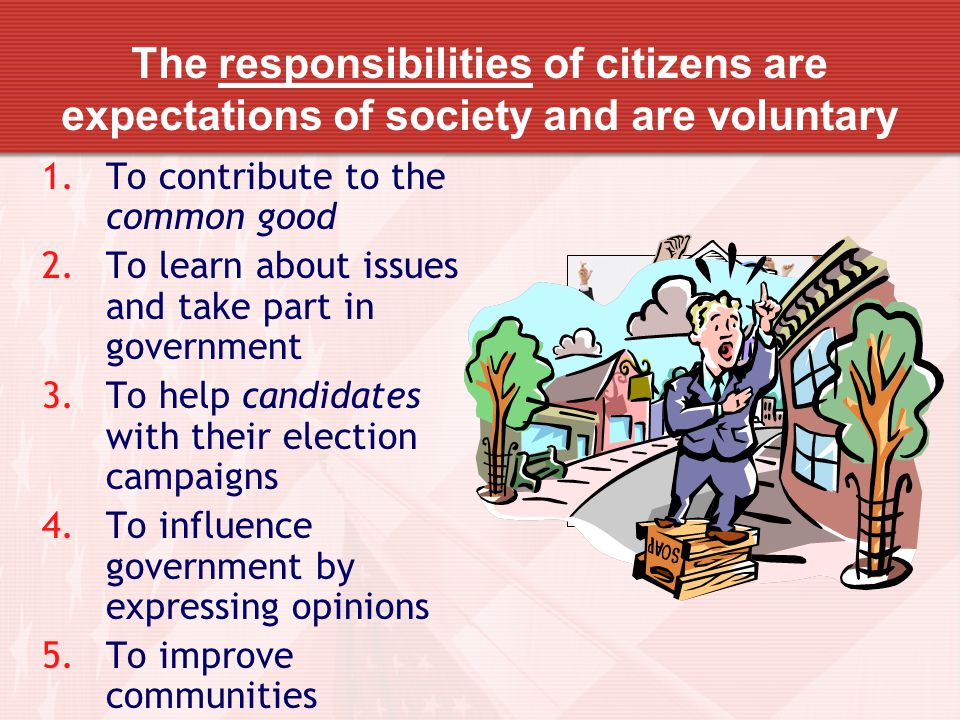 The responsibilities of citizens are expectations of society and are voluntary 1.To contribute to the common good 2.To learn about issues and take part in government 3.To help candidates with their election campaigns 4.To influence government by expressing opinions 5.To improve communities