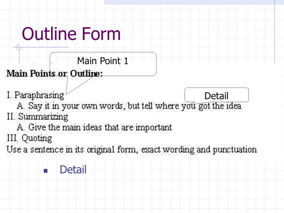 Outline Form Source 1. Main Point Detail 2. Next Main Point Detail Main Point 1 Detail