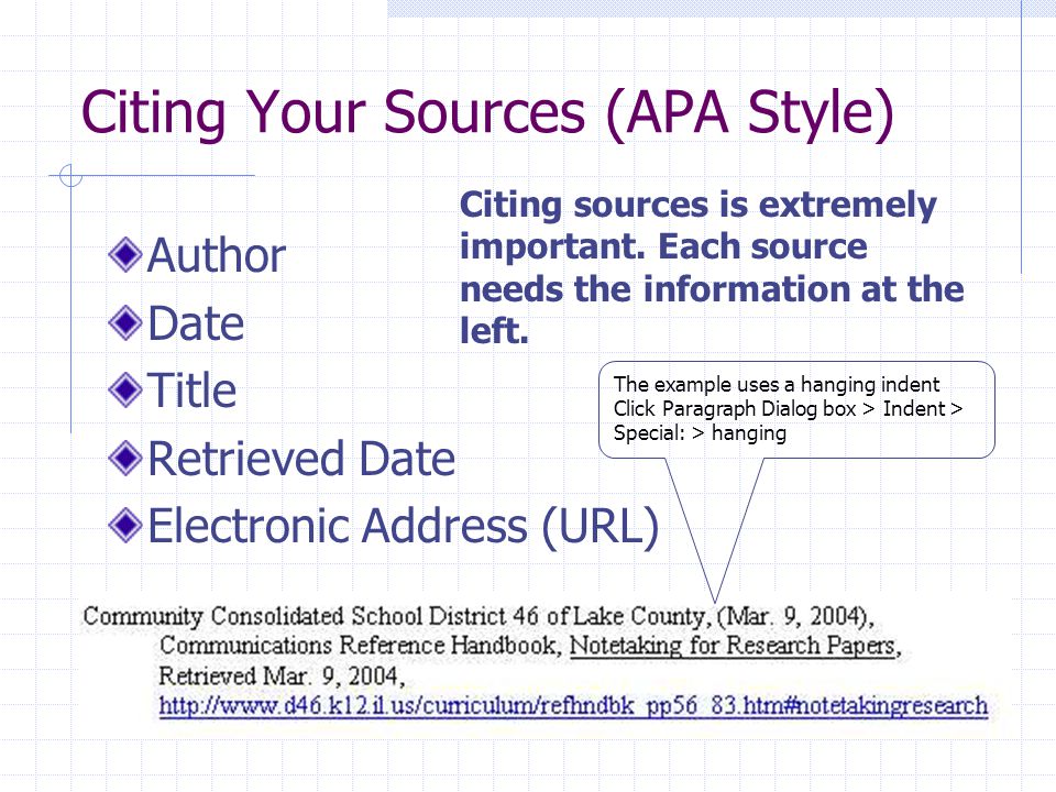 Citing sources is extremely important. Each source needs the information at the left.