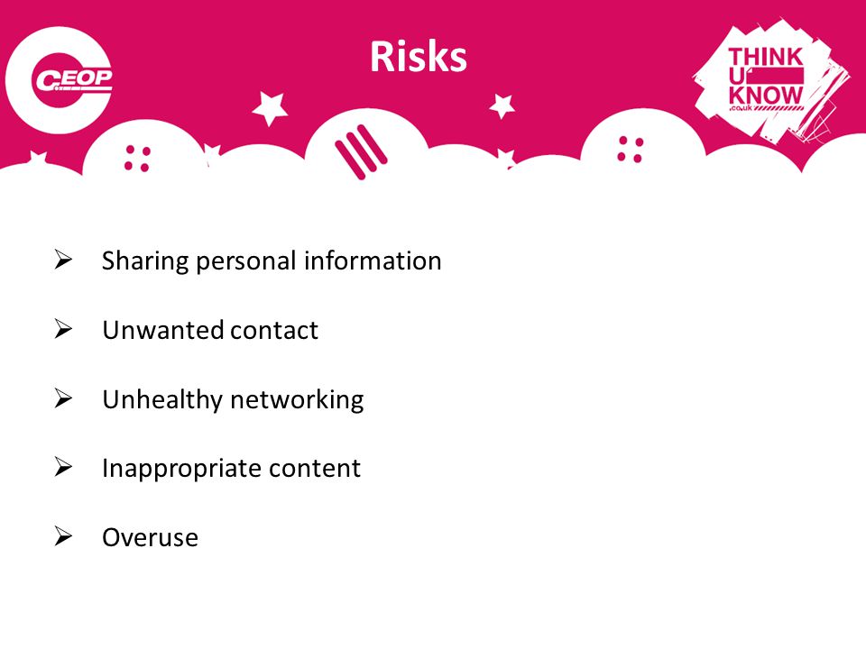 Risks  Sharing personal information  Unwanted contact  Unhealthy networking  Inappropriate content  Overuse