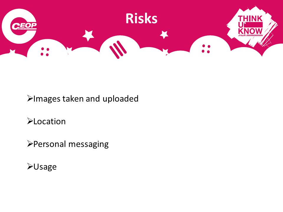 Risks  Images taken and uploaded  Location  Personal messaging  Usage