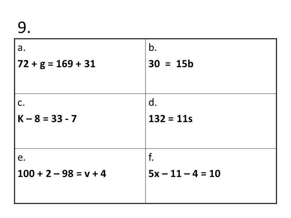 9. a g = b. 30 = 15b c. K – 8 = d.