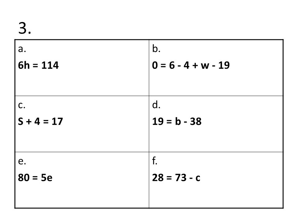 3. a. 6h = 114 b. 0 = w - 19 c. S + 4 = 17 d. 19 = b - 38 e. 80 = 5e f. 28 = 73 - c