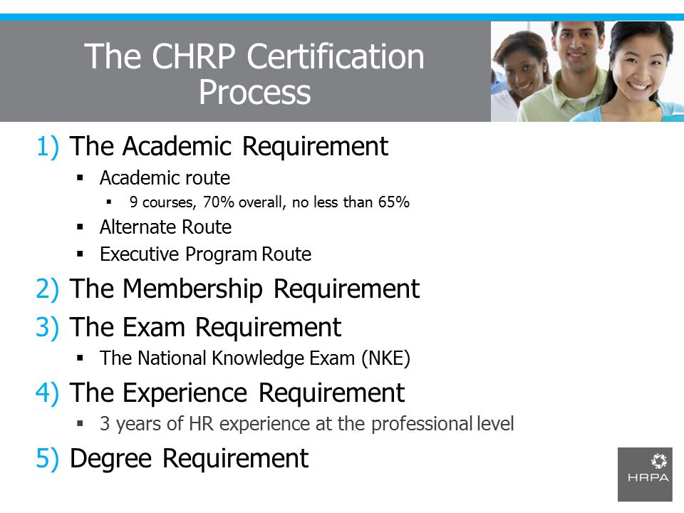 The CHRP Certification Process 1)The Academic Requirement  Academic route  9 courses, 70% overall, no less than 65%  Alternate Route  Executive Program Route 2)The Membership Requirement 3)The Exam Requirement  The National Knowledge Exam (NKE) 4)The Experience Requirement  3 years of HR experience at the professional level 5)Degree Requirement