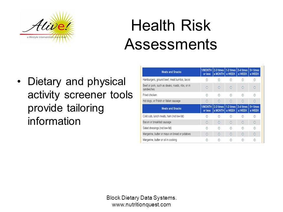 Health Risk Assessments Dietary and physical activity screener tools provide tailoring information
