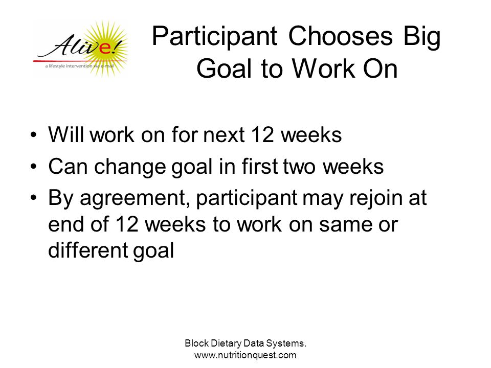 Participant Chooses Big Goal to Work On Will work on for next 12 weeks Can change goal in first two weeks By agreement, participant may rejoin at end of 12 weeks to work on same or different goal