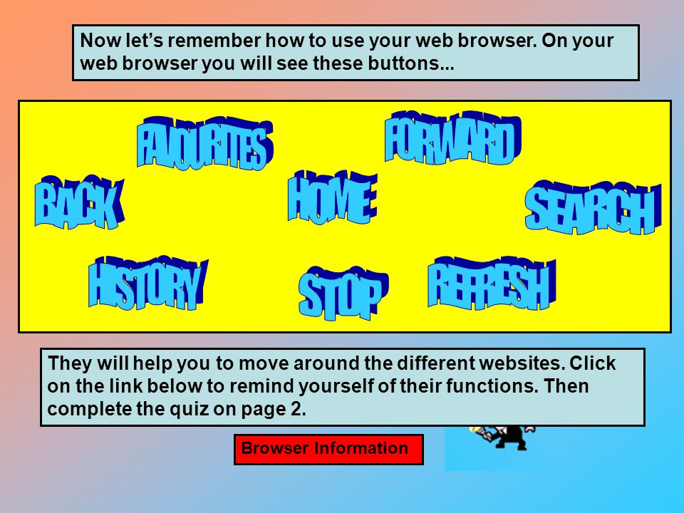 Now let’s remember how to use your web browser. On your web browser you will see these buttons...