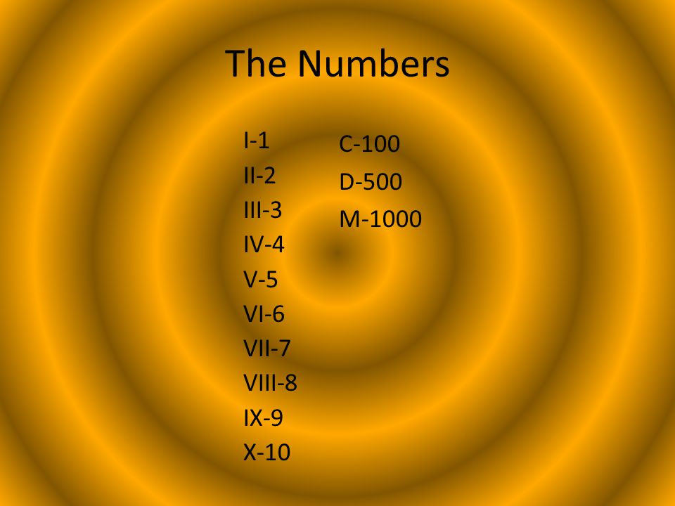 The Numbers I-1 II-2 III-3 IV-4 V-5 VI-6 VII-7 VIII-8 IX-9 X-10 C-100 D-500 M-1000