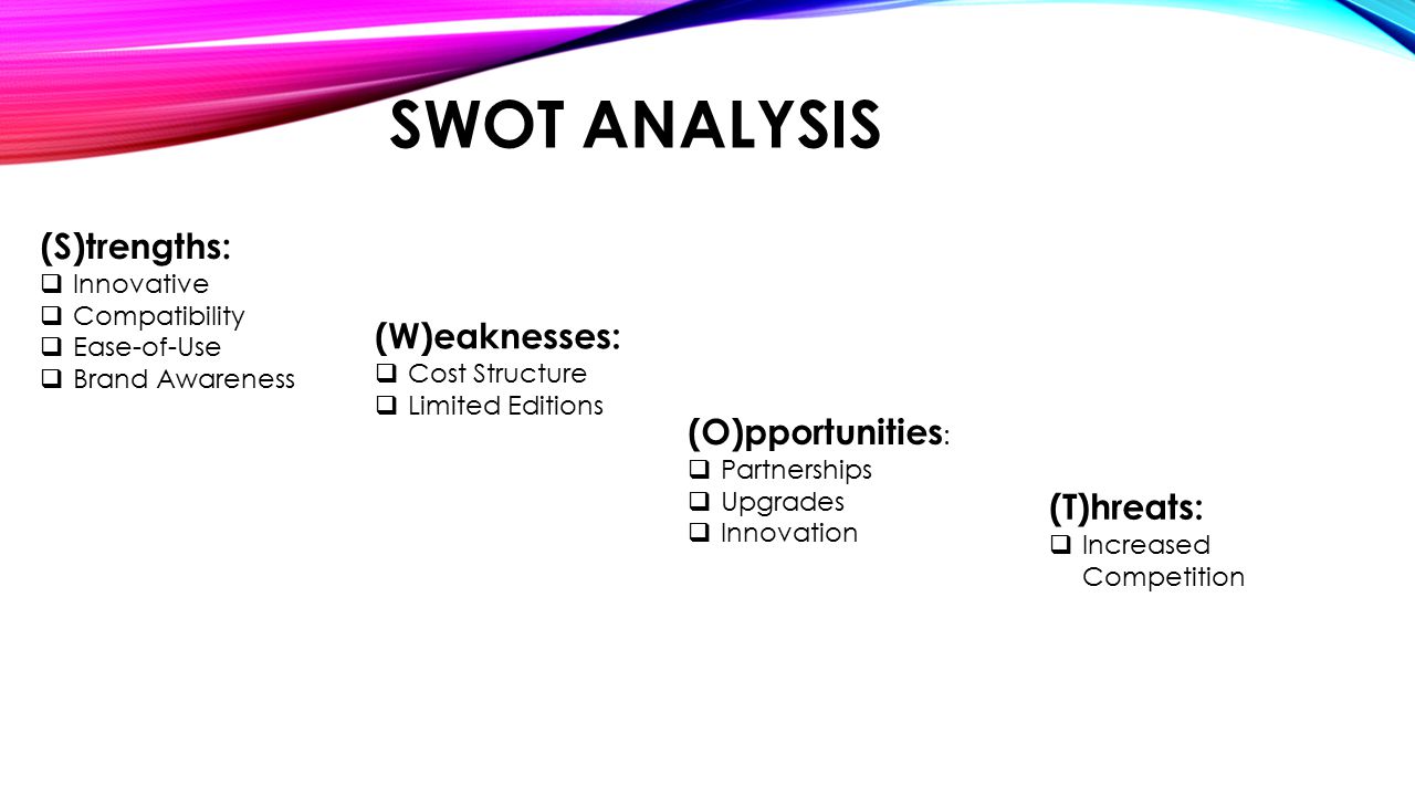 SWOT ANALYSIS (S)trengths:  Innovative  Compatibility  Ease-of-Use  Brand Awareness (W)eaknesses:  Cost Structure  Limited Editions (O)pportunities :  Partnerships  Upgrades  Innovation (T)hreats:  Increased Competition