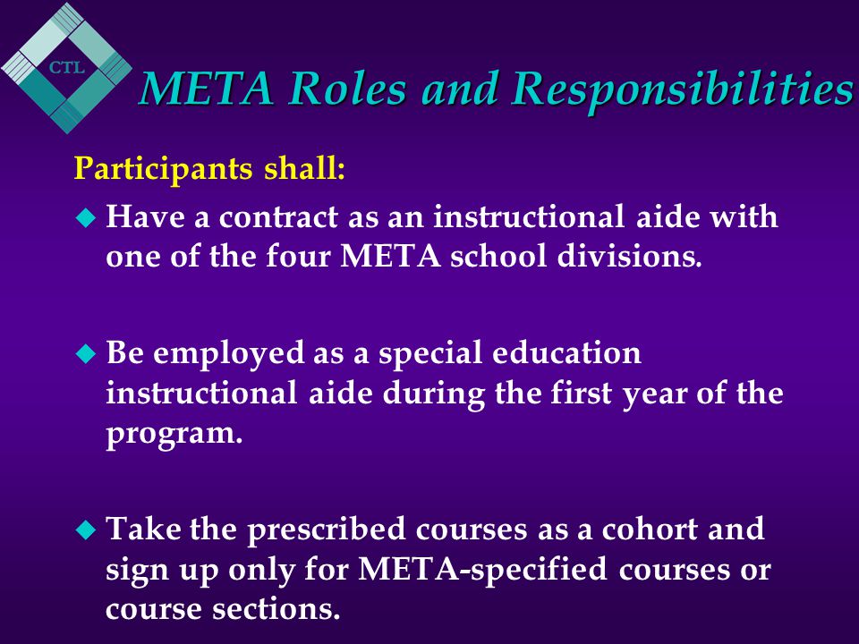 META Roles and Responsibilities Participants shall: u Have a contract as an instructional aide with one of the four META school divisions.