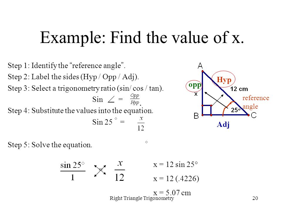 Right Triangle Trigonometry20 Example: Find the value of x.