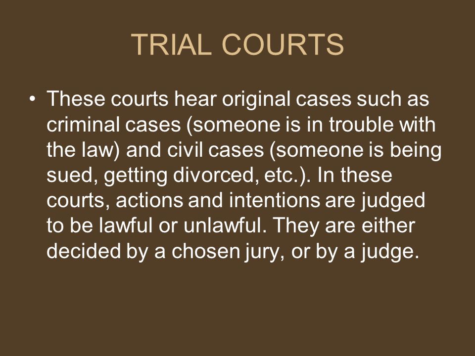 TRIAL COURTS These courts hear original cases such as criminal cases (someone is in trouble with the law) and civil cases (someone is being sued, getting divorced, etc.).