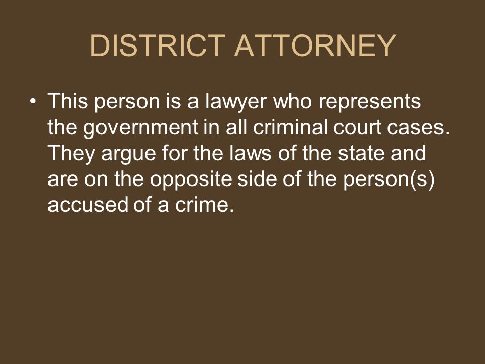 DISTRICT ATTORNEY This person is a lawyer who represents the government in all criminal court cases.
