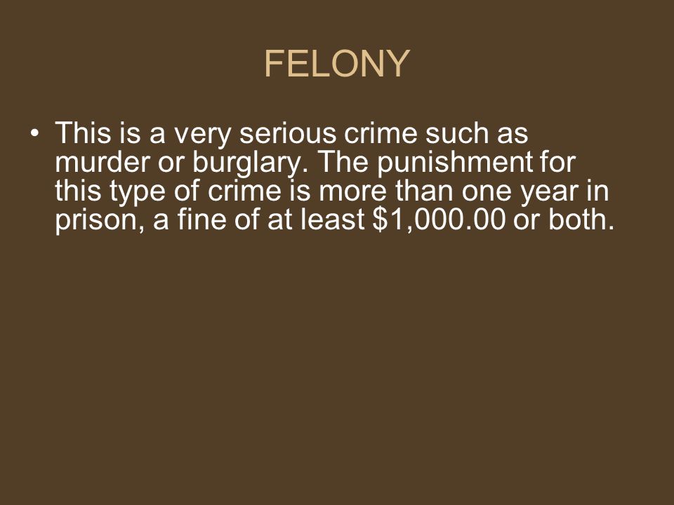 FELONY This is a very serious crime such as murder or burglary.