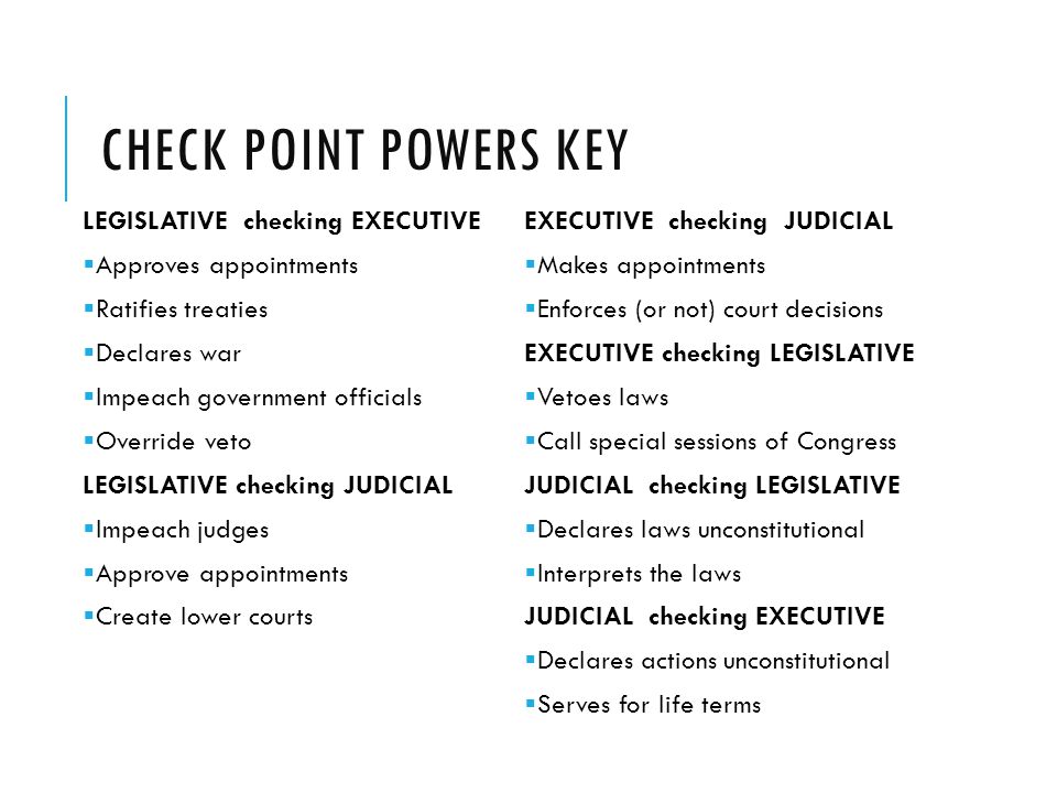 CHECK POINT POWERS KEY LEGISLATIVE checking EXECUTIVE  Approves appointments  Ratifies treaties  Declares war  Impeach government officials  Override veto LEGISLATIVE checking JUDICIAL  Impeach judges  Approve appointments  Create lower courts EXECUTIVE checking JUDICIAL  Makes appointments  Enforces (or not) court decisions EXECUTIVE checking LEGISLATIVE  Vetoes laws  Call special sessions of Congress JUDICIAL checking LEGISLATIVE  Declares laws unconstitutional  Interprets the laws JUDICIAL checking EXECUTIVE  Declares actions unconstitutional  Serves for life terms