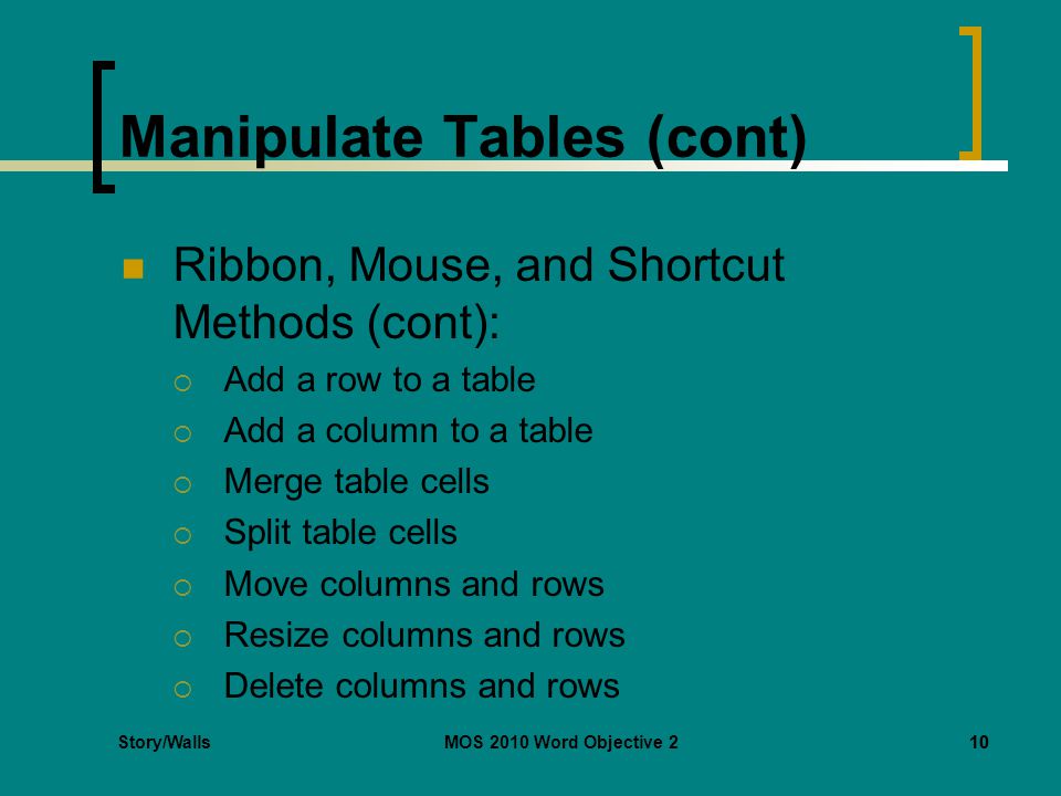 Story/WallsMOS 2010 Word Objective 210 Manipulate Tables (cont) Ribbon, Mouse, and Shortcut Methods (cont):  Add a row to a table  Add a column to a table  Merge table cells  Split table cells  Move columns and rows  Resize columns and rows  Delete columns and rows 10