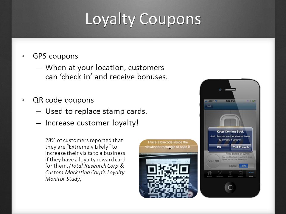 Loyalty Coupons GPS coupons – When at your location, customers can ‘check in’ and receive bonuses.
