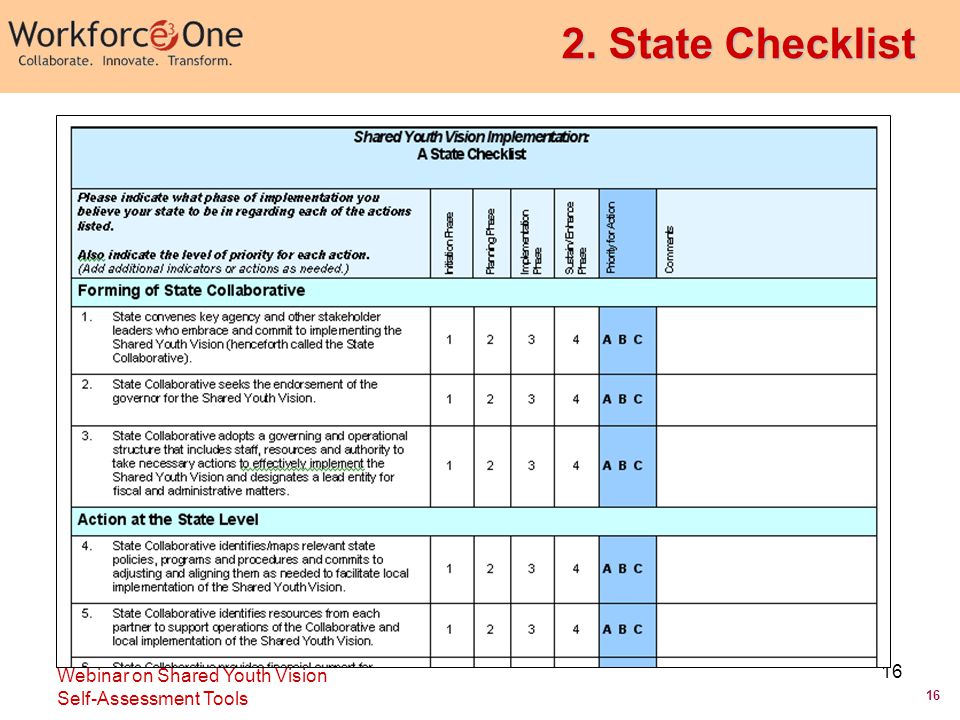 16 Webinar on Shared Youth Vision Self-Assessment Tools State Checklist