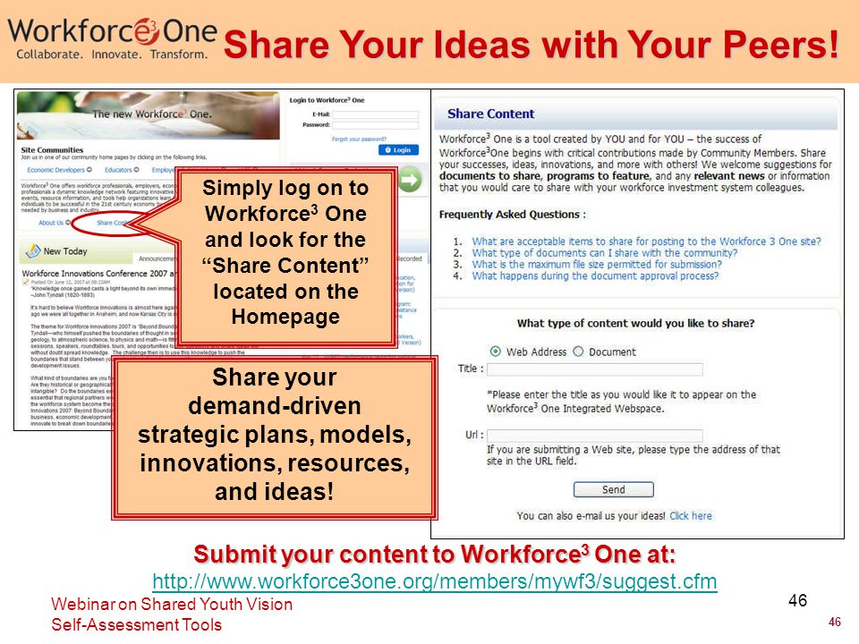 46 Webinar on Shared Youth Vision Self-Assessment Tools 46 Submit your content to Workforce 3 One at: Submit your content to Workforce 3 One at:     Simply log on to Workforce 3 One and look for the Share Content located on the Homepage Share Your Ideas with Your Peers.