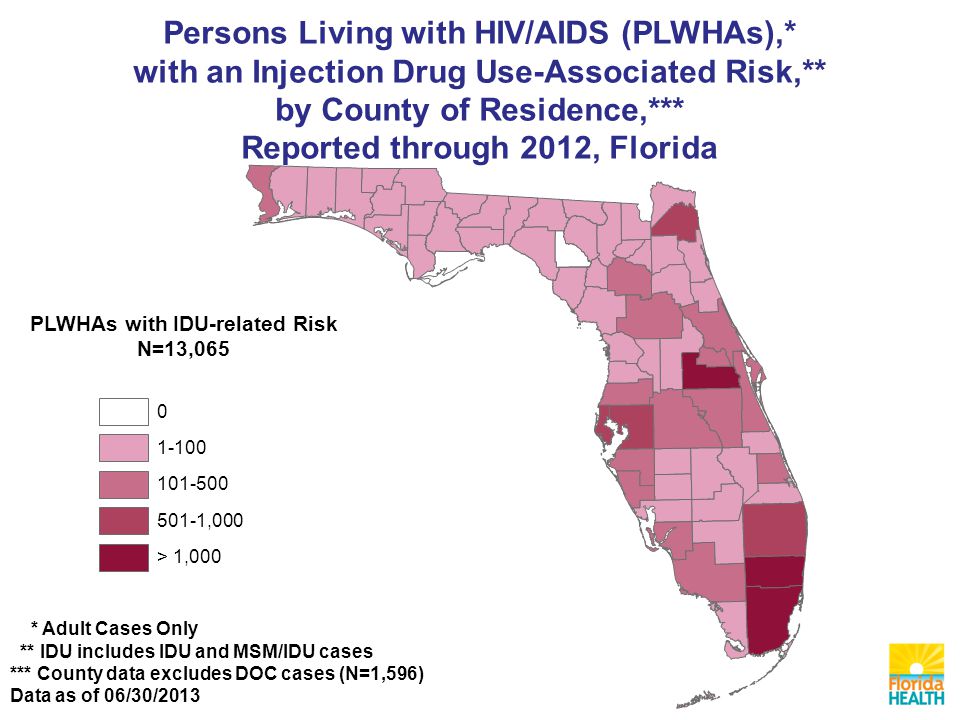 PLWHAs with IDU-related Risk N=13,065 Persons Living with HIV/AIDS (PLWHAs),* with an Injection Drug Use-Associated Risk,** by County of Residence,*** Reported through 2012, Florida * Adult Cases Only ** IDU includes IDU and MSM/IDU cases *** County data excludes DOC cases (N=1,596) Data as of 06/30/2013 > 1, ,
