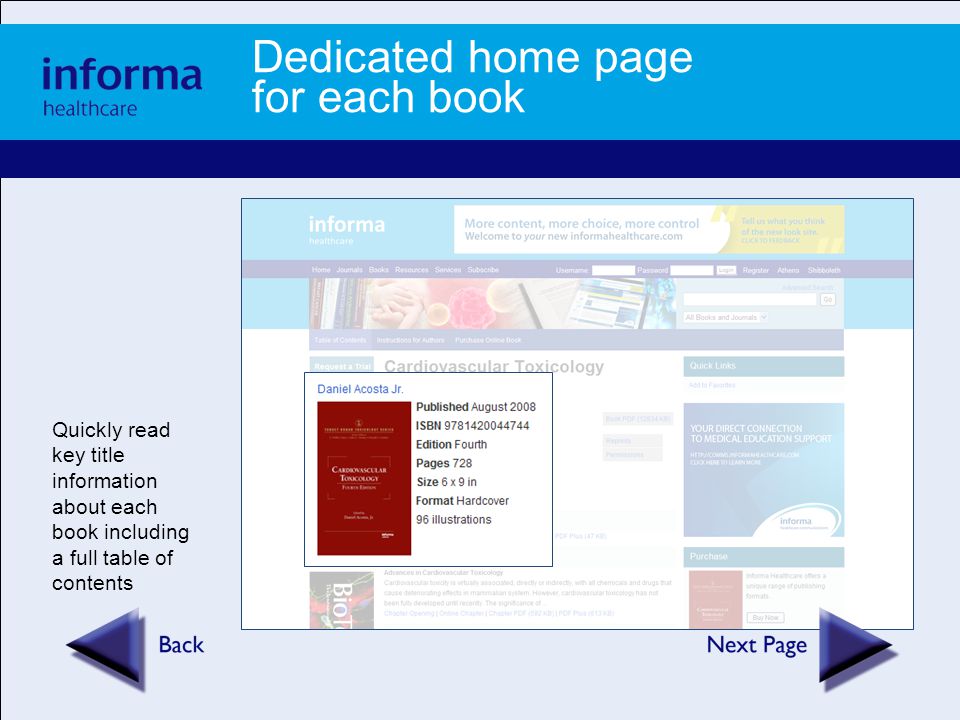 Dedicated home page for each book Quickly read key title information about each book including a full table of contents