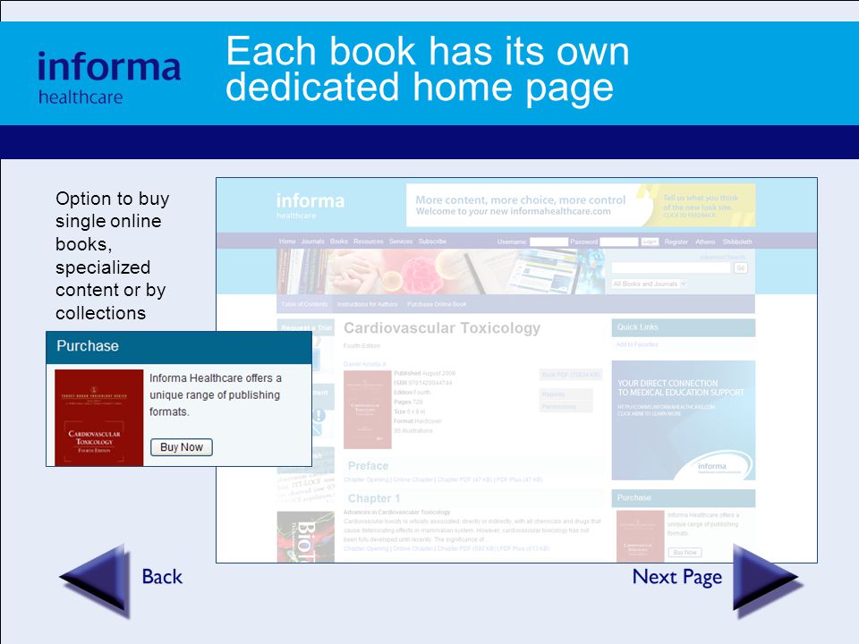 Each book has its own dedicated home page Option to buy single online books, specialized content or by collections