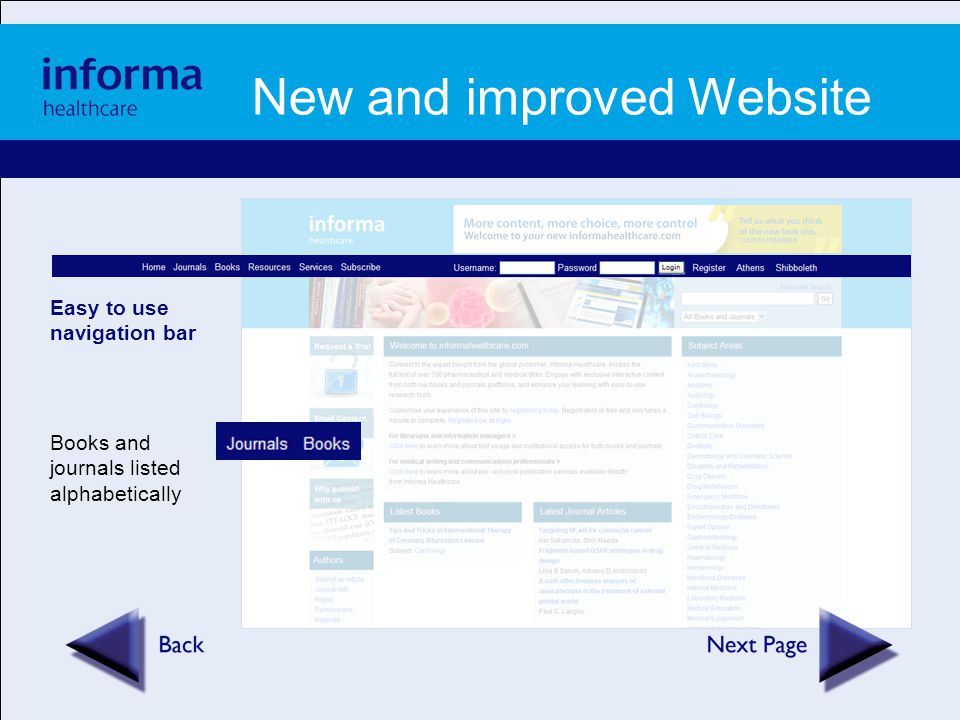 New and improved Website Easy to use navigation bar Books and journals listed alphabetically