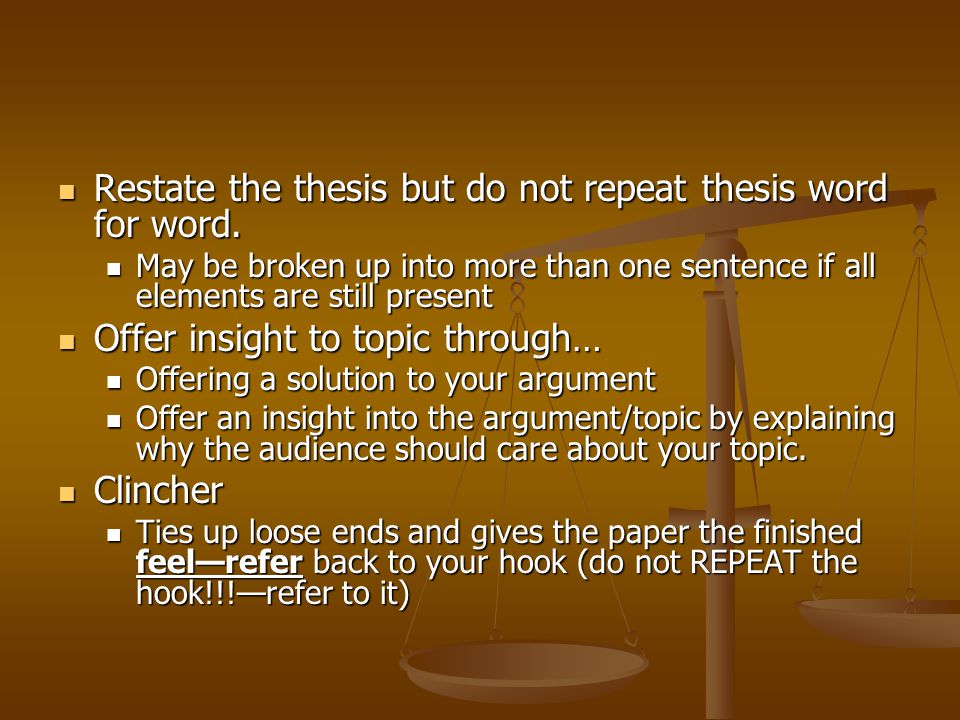 Restate the thesis but do not repeat thesis word for word.