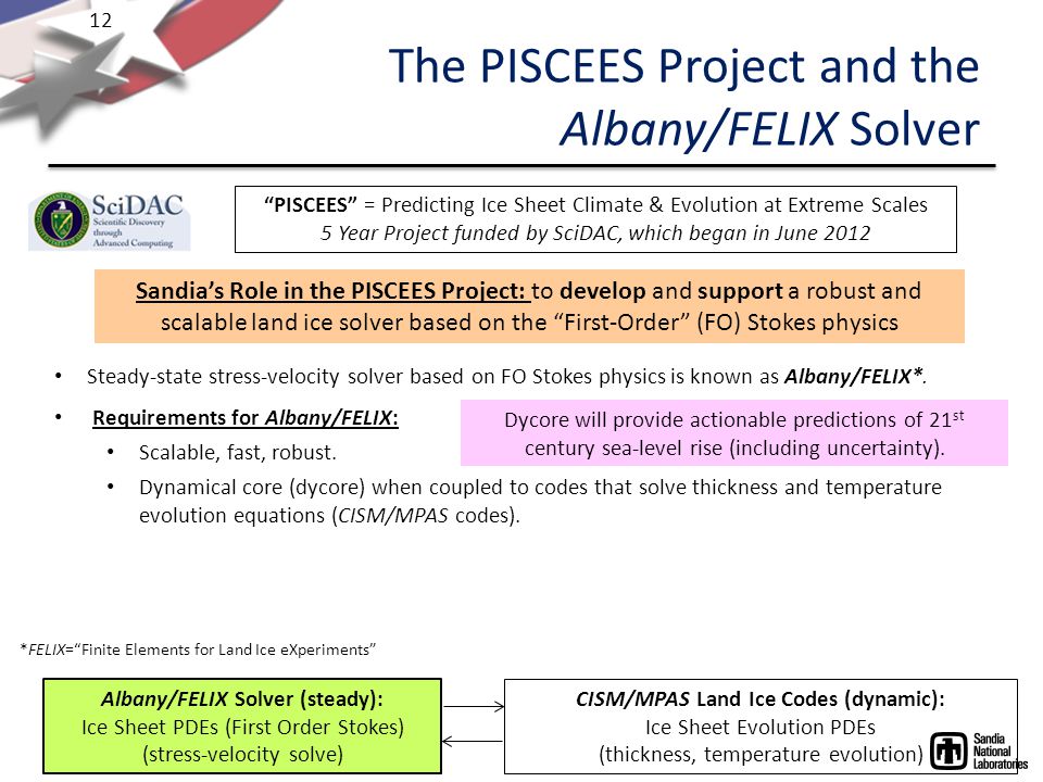 12 The PISCEES Project and the Albany/FELIX Solver PISCEES = Predicting Ice Sheet Climate & Evolution at Extreme Scales 5 Year Project funded by SciDAC, which began in June 2012 Sandia’s Role in the PISCEES Project: to develop and support a robust and scalable land ice solver based on the First-Order (FO) Stokes physics Albany/FELIX Solver (steady): Ice Sheet PDEs (First Order Stokes) (stress-velocity solve) CISM/MPAS Land Ice Codes (dynamic): Ice Sheet Evolution PDEs (thickness, temperature evolution) Steady-state stress-velocity solver based on FO Stokes physics is known as Albany/FELIX*.