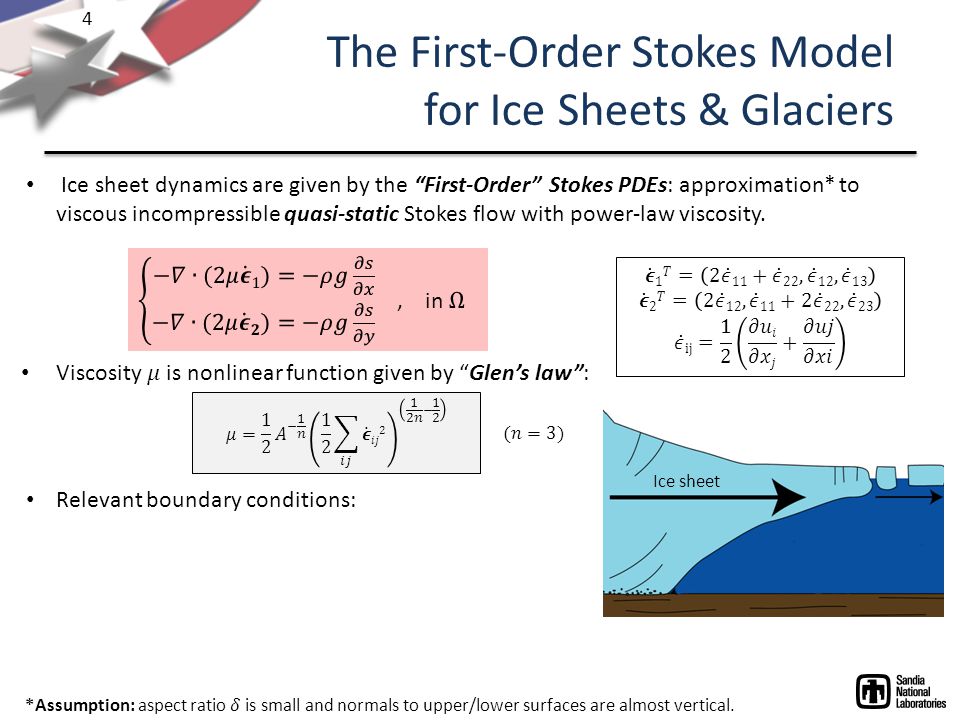 4 The First-Order Stokes Model for Ice Sheets & Glaciers Ice sheet dynamics are given by the First-Order Stokes PDEs: approximation* to viscous incompressible quasi-static Stokes flow with power-law viscosity.