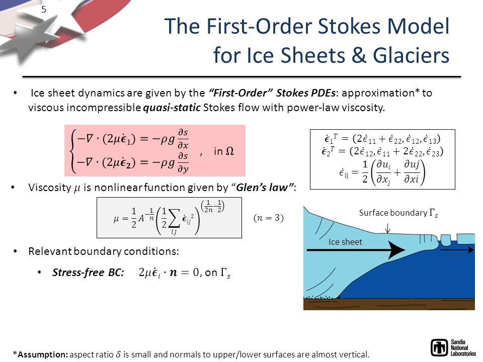 5 The First-Order Stokes Model for Ice Sheets & Glaciers Ice sheet dynamics are given by the First-Order Stokes PDEs: approximation* to viscous incompressible quasi-static Stokes flow with power-law viscosity.