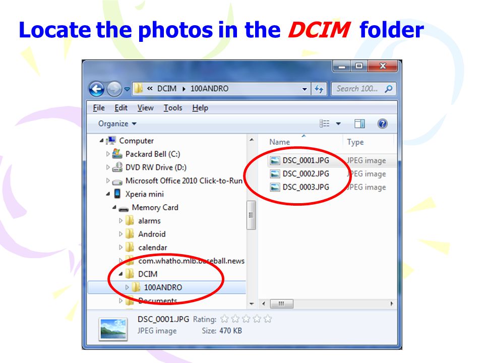 Locate the photos in the DCIM folder