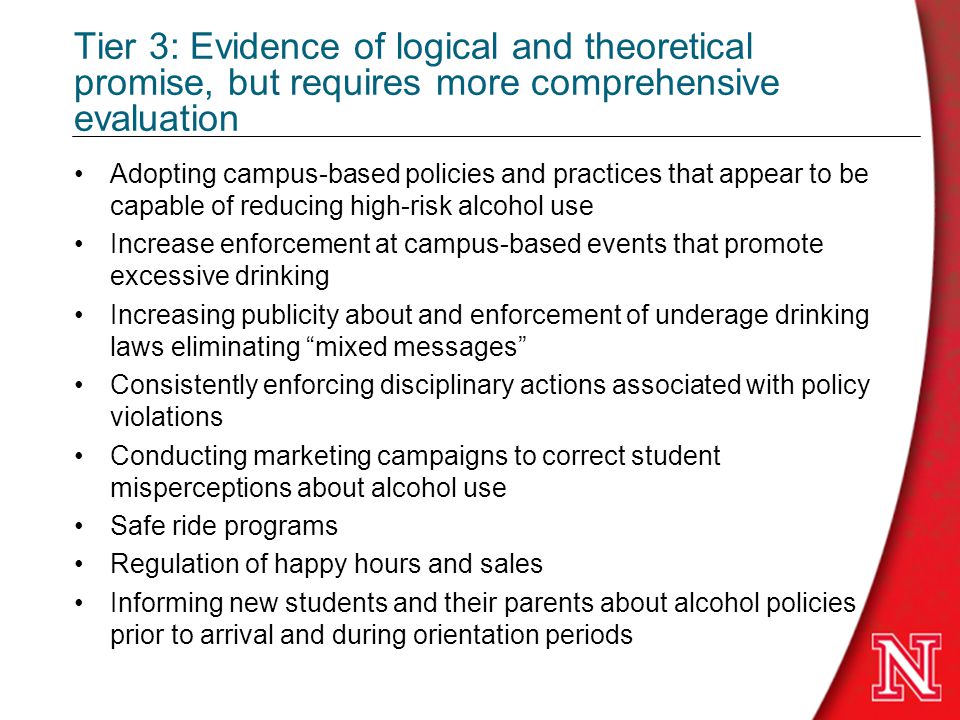 Tier 3: Evidence of logical and theoretical promise, but requires more comprehensive evaluation Adopting campus-based policies and practices that appear to be capable of reducing high-risk alcohol use Increase enforcement at campus-based events that promote excessive drinking Increasing publicity about and enforcement of underage drinking laws eliminating mixed messages Consistently enforcing disciplinary actions associated with policy violations Conducting marketing campaigns to correct student misperceptions about alcohol use Safe ride programs Regulation of happy hours and sales Informing new students and their parents about alcohol policies prior to arrival and during orientation periods