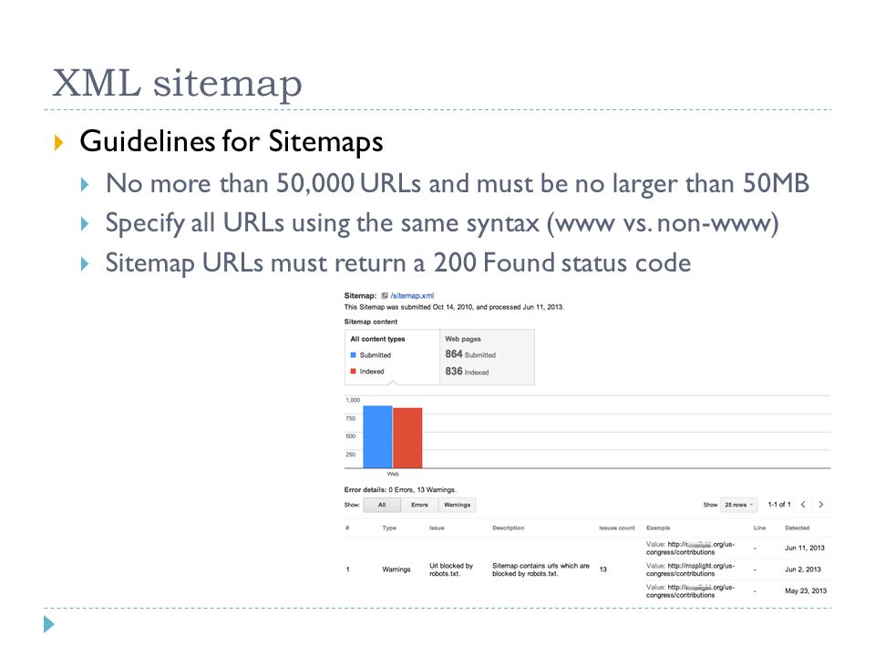 XML sitemap  Guidelines for Sitemaps  No more than 50,000 URLs and must be no larger than 50MB  Specify all URLs using the same syntax (www vs.