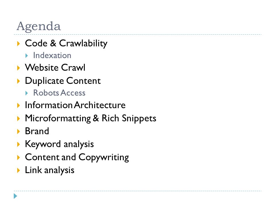Agenda  Code & Crawlability  Indexation  Website Crawl  Duplicate Content  Robots Access  Information Architecture  Microformatting & Rich Snippets  Brand  Keyword analysis  Content and Copywriting  Link analysis