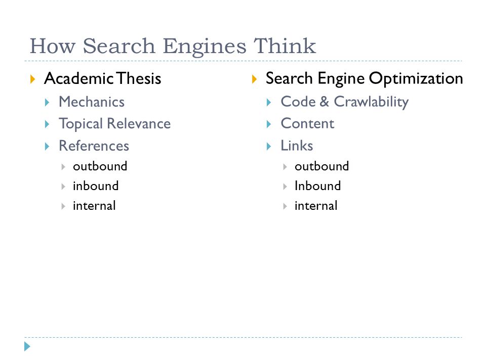How Search Engines Think  Academic Thesis  Mechanics  Topical Relevance  References  outbound  inbound  internal  Search Engine Optimization  Code & Crawlability  Content  Links  outbound  Inbound  internal