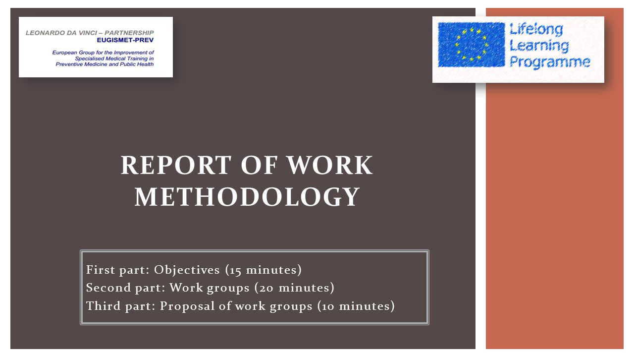 First part: Objectives (15 minutes) Second part: Work groups (20 minutes) Third part: Proposal of work groups (10 minutes) REPORT OF WORK METHODOLOGY