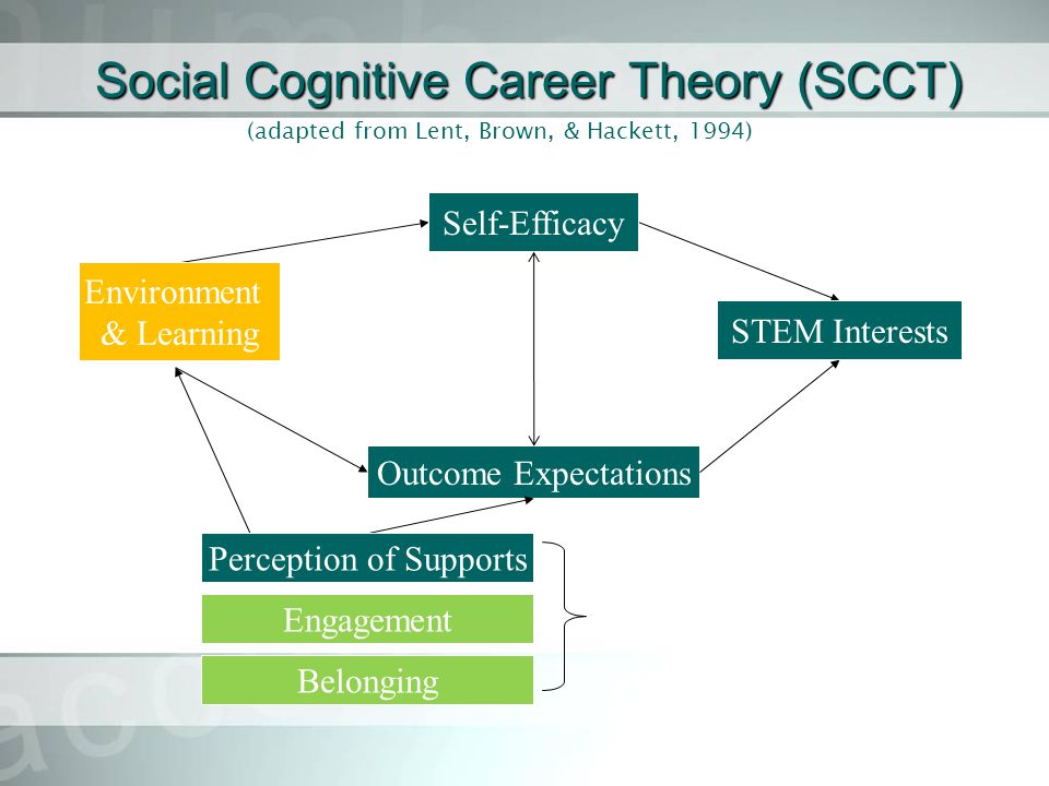 Social Cognitive Career Theory (SCCT) Outcome Expectations Environment & Learning STEM Interests Perception of Supports Self-Efficacy Belonging Engagement (adapted from Lent, Brown, & Hackett, 1994)