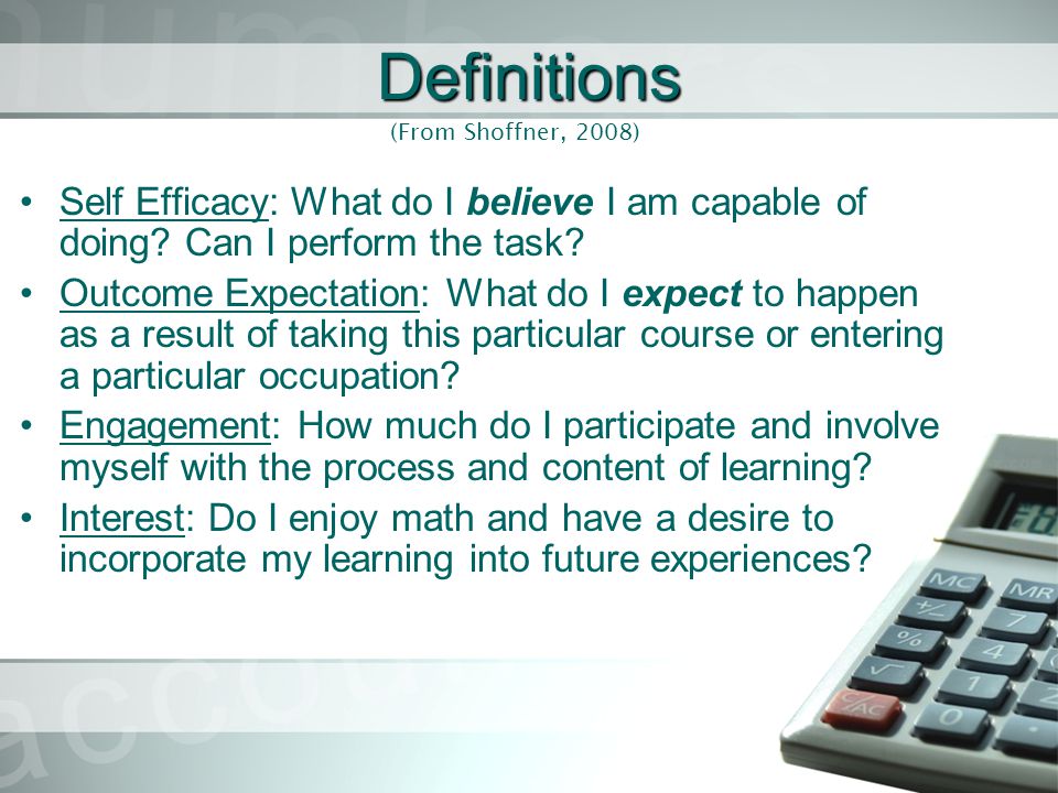 Definitions Self Efficacy: What do I believe I am capable of doing.