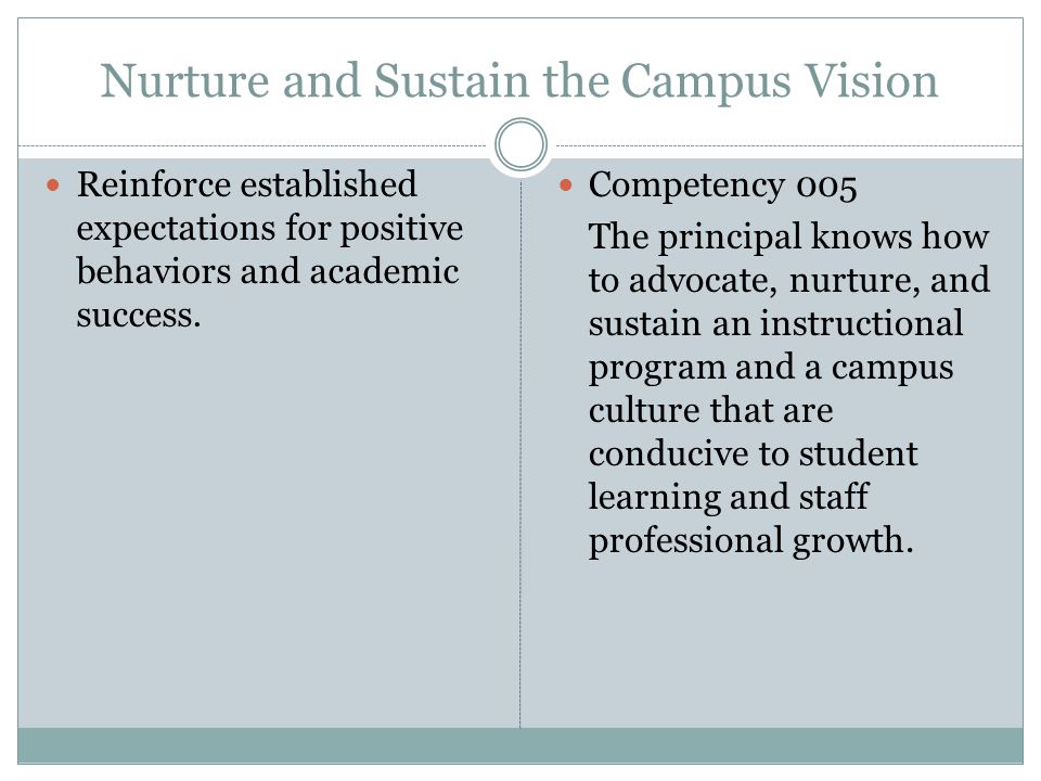 Nurture and Sustain the Campus Vision Reinforce established expectations for positive behaviors and academic success.