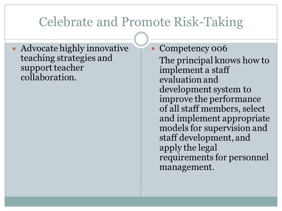 Celebrate and Promote Risk-Taking Advocate highly innovative teaching strategies and support teacher collaboration.
